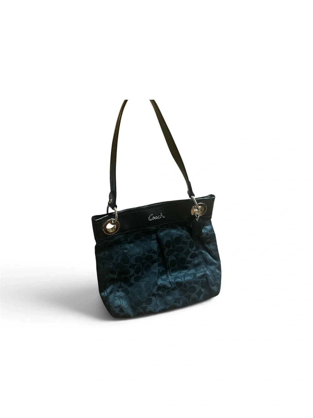 Coach Teal Signature Jacquard Shoulder Bag with Leather Trim